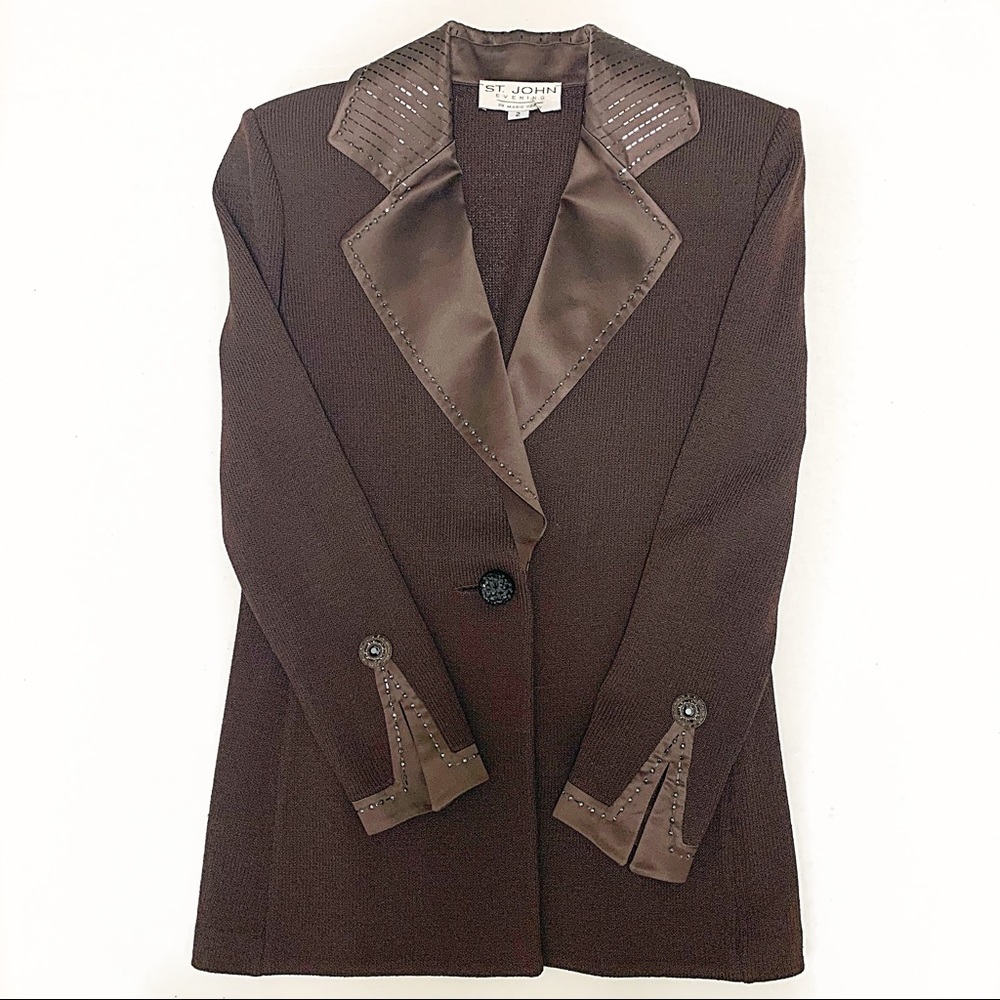 St. John brown knit satin sequin blazer